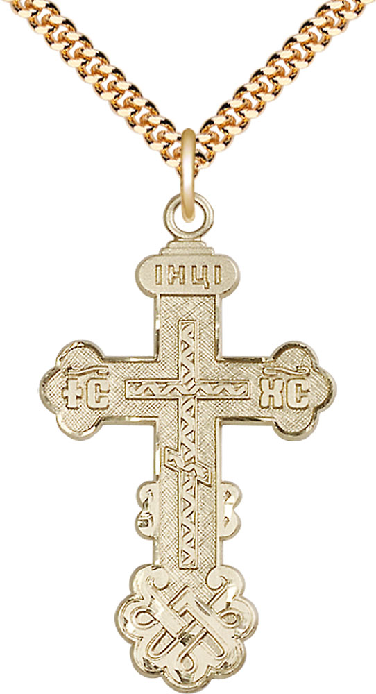 14kt Gold Filled Kiev Cross Pendant on a 24 inch Gold Plate Heavy Curb chain