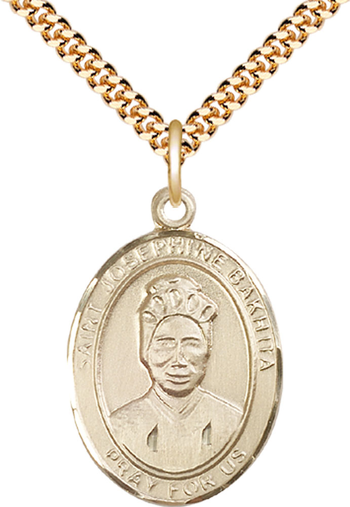 14kt Gold Filled Saint Josephine Bakhita Pendant on a 24 inch Gold Plate Heavy Curb chain