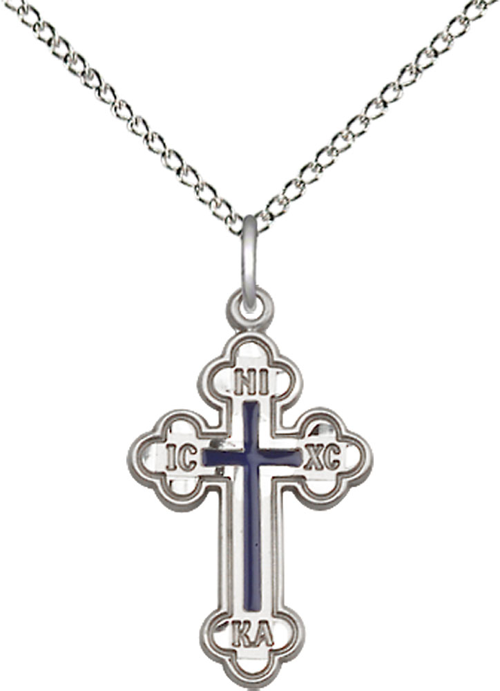 Sterling Silver Russian Cross Pendant on a 18 inch Sterling Silver Light Curb chain
