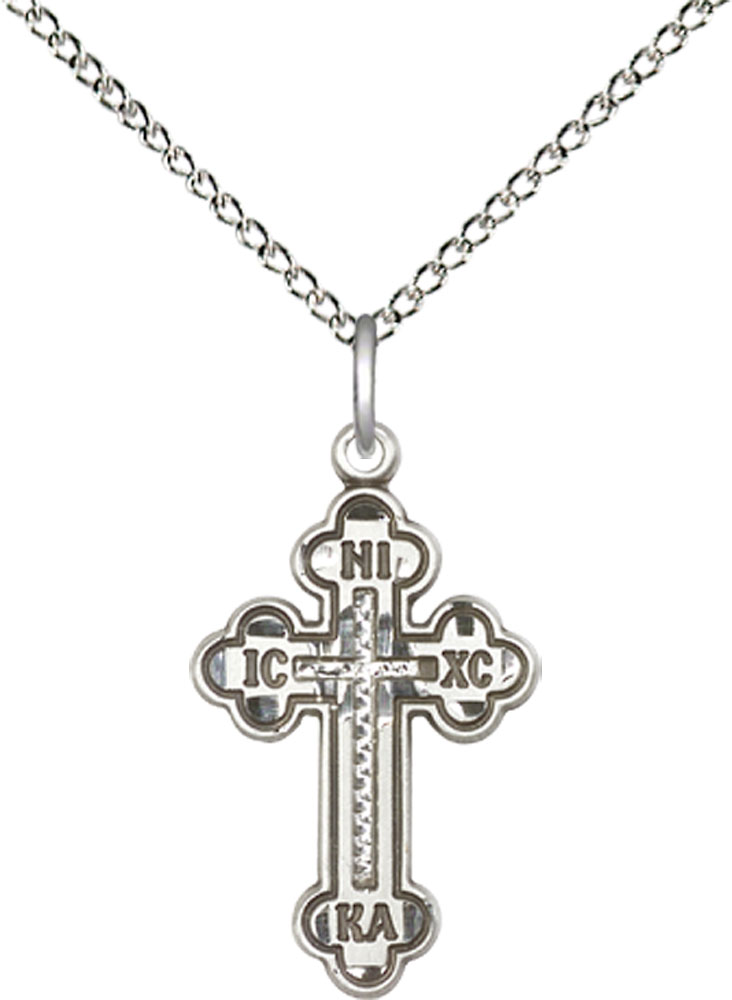 Sterling Silver Russian Cross Pendant on a 18 inch Sterling Silver Light Curb chain
