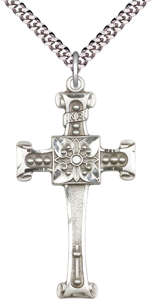 Sterling Silver Cross Pendant on a 24 inch Light Rhodium Heavy Curb chain