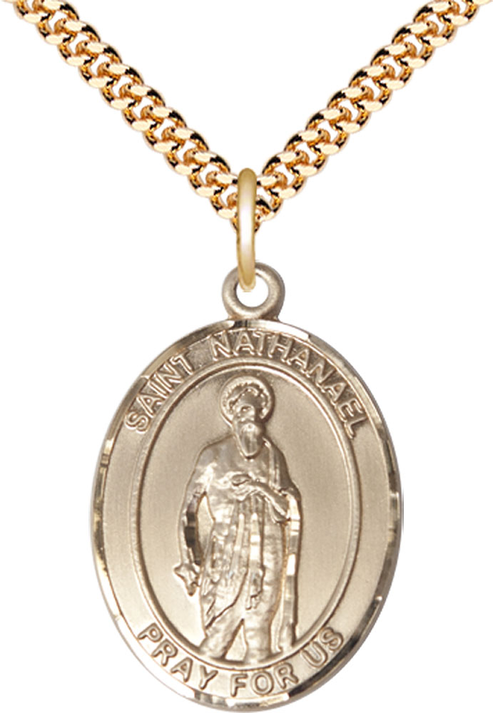 14kt Gold Filled Saint Nathanael Pendant on a 24 inch Gold Plate Heavy Curb chain
