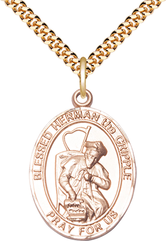 14kt Gold Filled Blessed Herman the Cripple Pendant on a 24 inch Gold Plate Heavy Curb chain