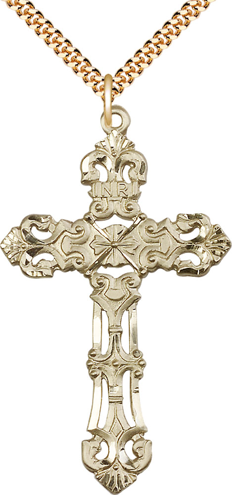 14kt Gold Filled Cross Pendant on a 24 inch Gold Plate Heavy Curb chain