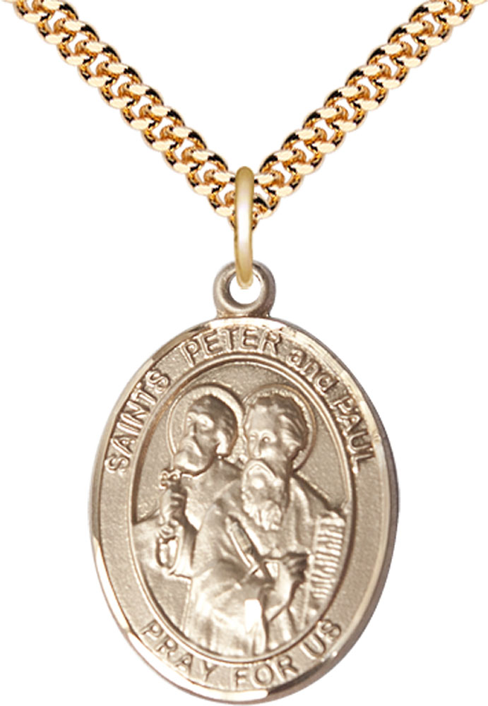14kt Gold Filled Saint Peter St Paul Pendant on a 24 inch Gold Plate Heavy Curb chain