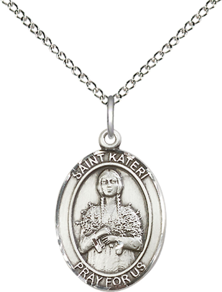 Sterling Silver Saint Kateri Pendant on a 18 inch Sterling Silver Light Curb chain