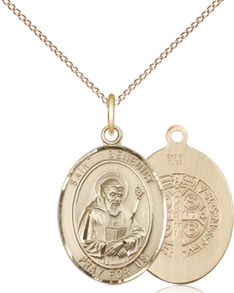 14kt Gold Filled Saint Benedict Pendant on a 18 inch Gold Filled Light Curb chain