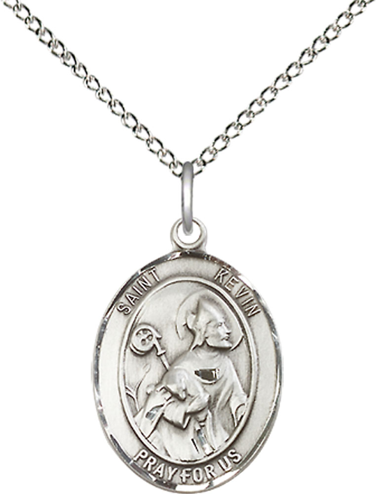 Sterling Silver Saint Kevin Pendant on a 18 inch Sterling Silver Light Curb chain