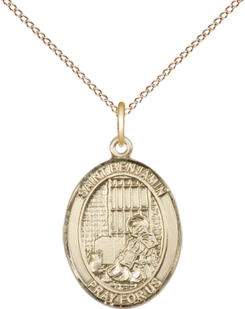 14kt Gold Filled Saint Benjamin Pendant on a 18 inch Gold Filled Light Curb chain