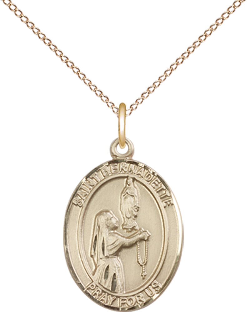 14kt Gold Filled Saint Bernadette Pendant on a 18 inch Gold Filled Light Curb chain