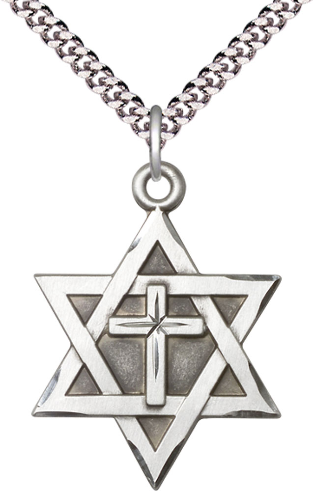 Sterling Silver Star of David w/ Cross Pendant on a 24 inch Light Rhodium Heavy Curb chain