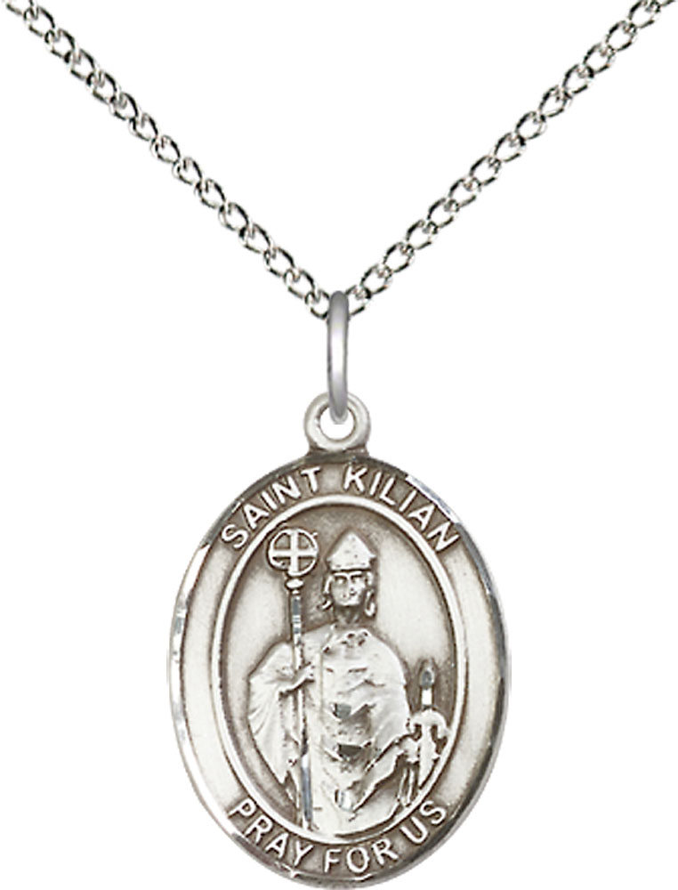 Sterling Silver Saint Kilian Pendant on a 18 inch Sterling Silver Light Curb chain