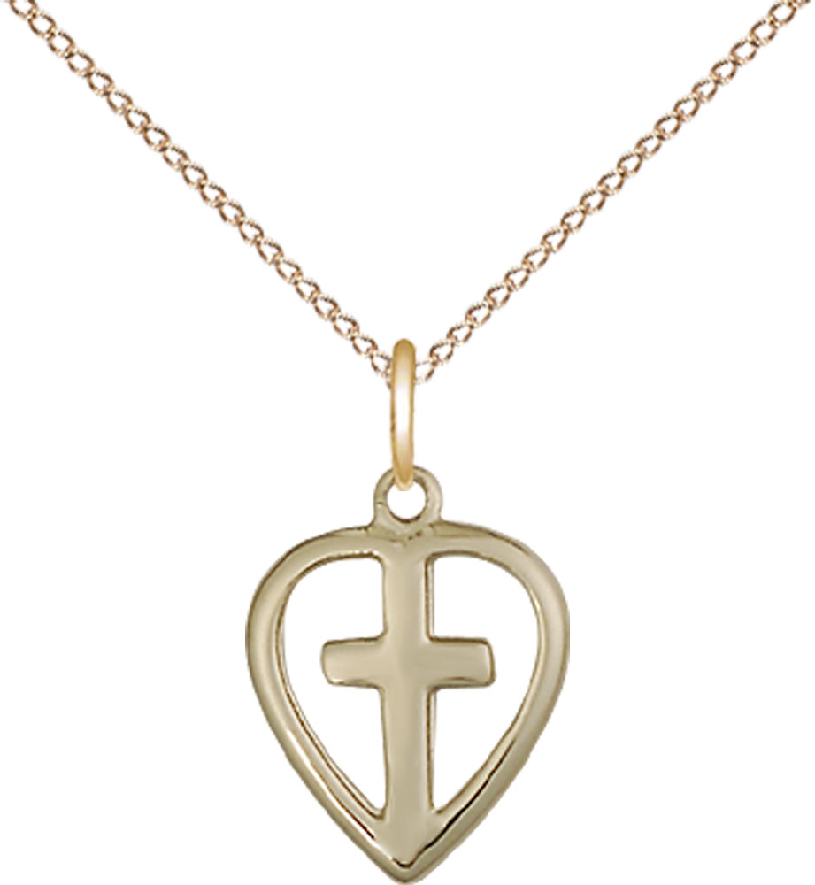 14kt Gold Filled Heart Cross Pendant on a 18 inch Gold Filled Light Curb chain