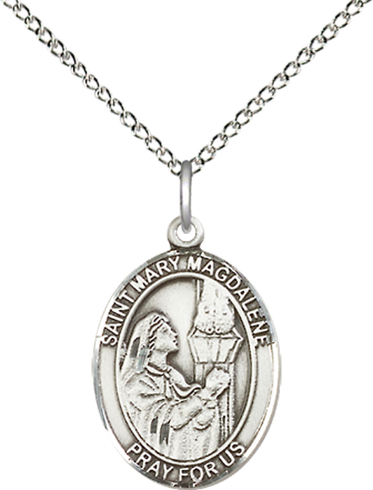 Sterling Silver Saint Mary Magdalene Pendant on a 18 inch Sterling Silver Light Curb chain