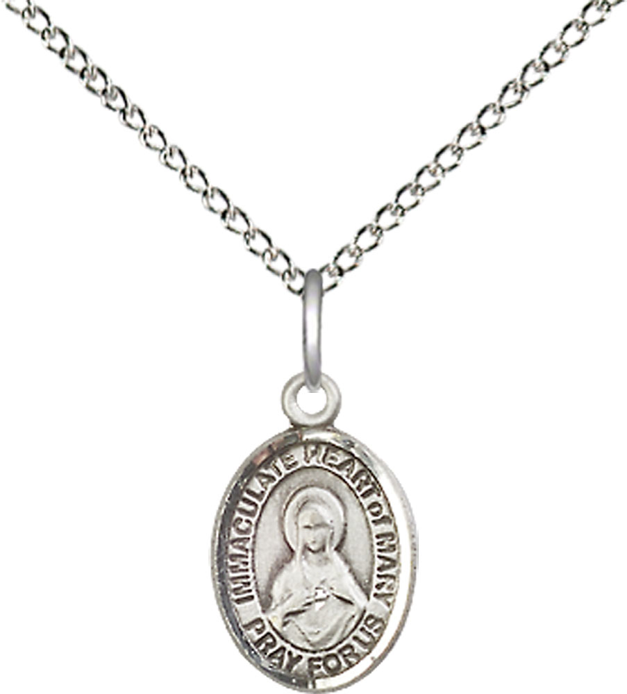 Sterling Silver Immaculate Heart of Mary Pendant on a 18 inch Sterling Silver Light Curb chain
