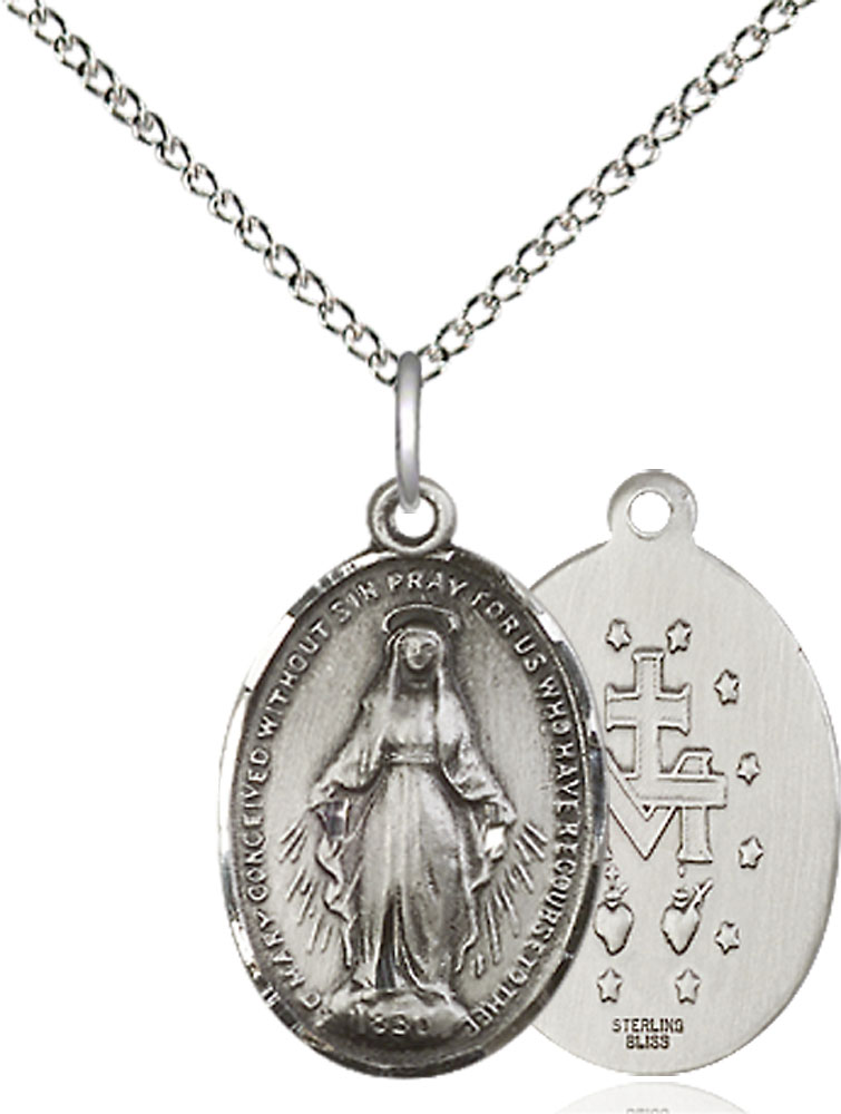 Sterling Silver Miraculous Pendant on a 18 inch Sterling Silver Light Curb chain
