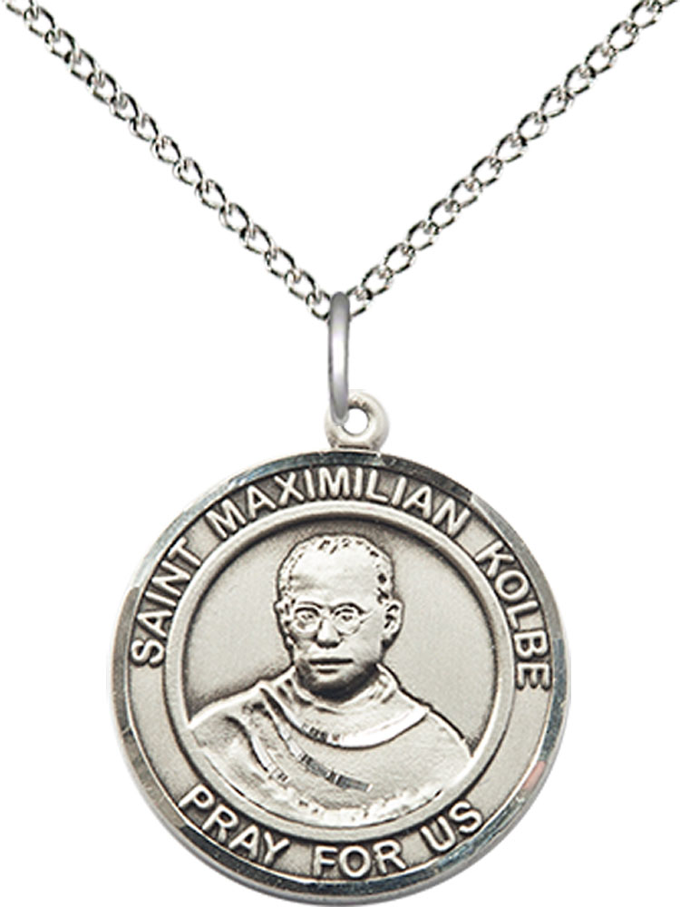 Sterling Silver Saint Maximilian Kolbe Pendant on a 18 inch Sterling Silver Light Curb chain