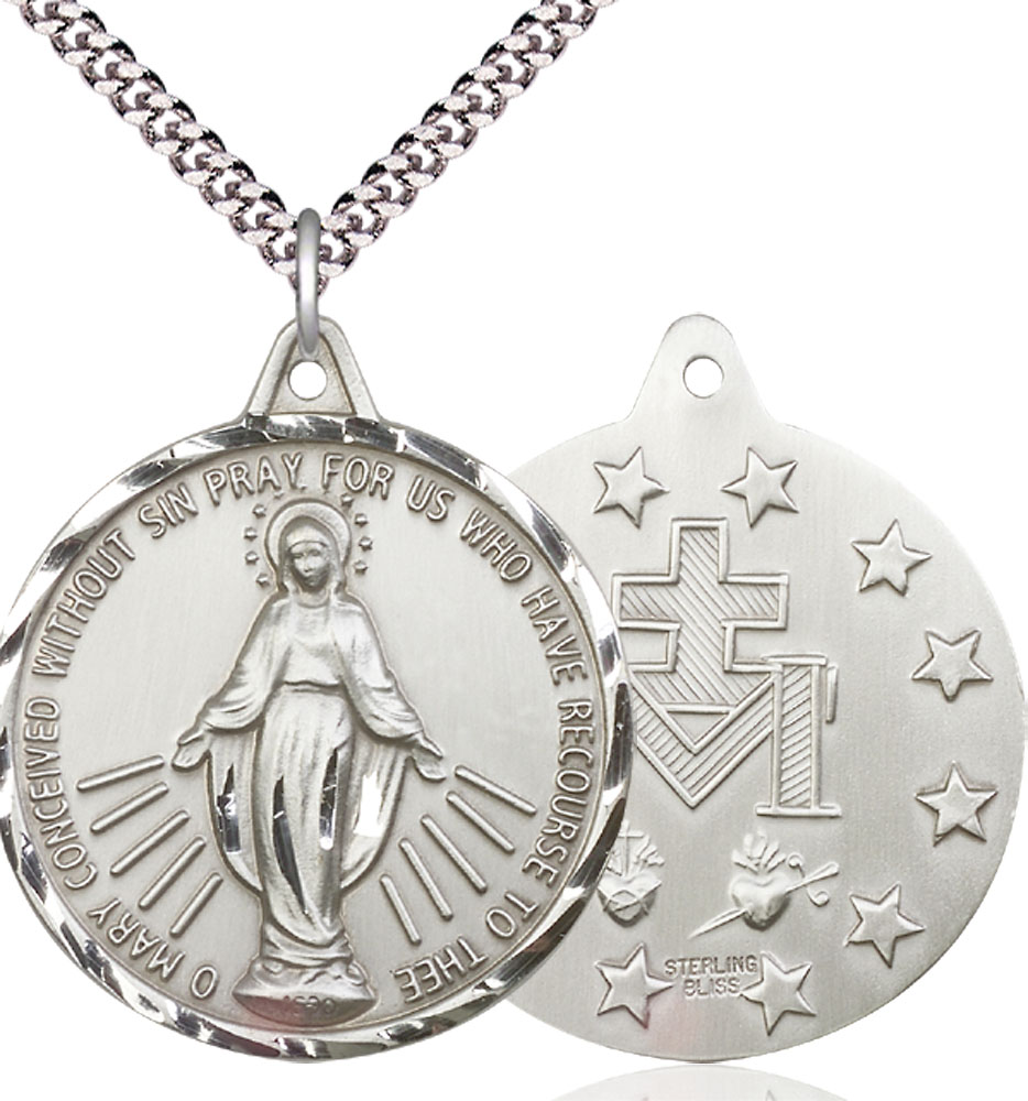 Sterling Silver Miraculous Pendant on a 24 inch Light Rhodium Heavy Curb chain