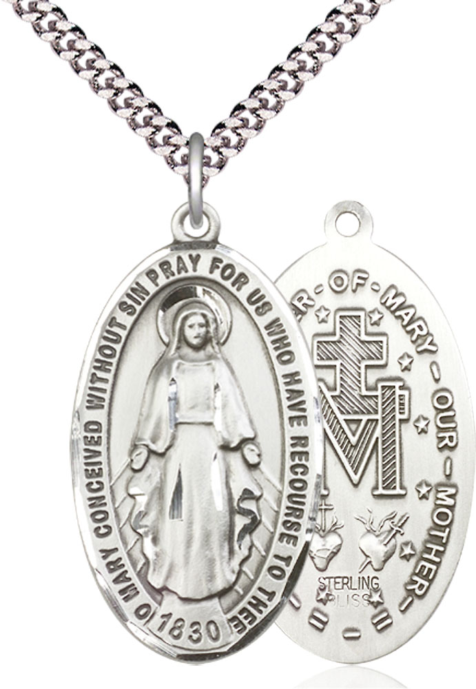 Sterling Silver Miraculous Pendant on a 24 inch Light Rhodium Heavy Curb chain