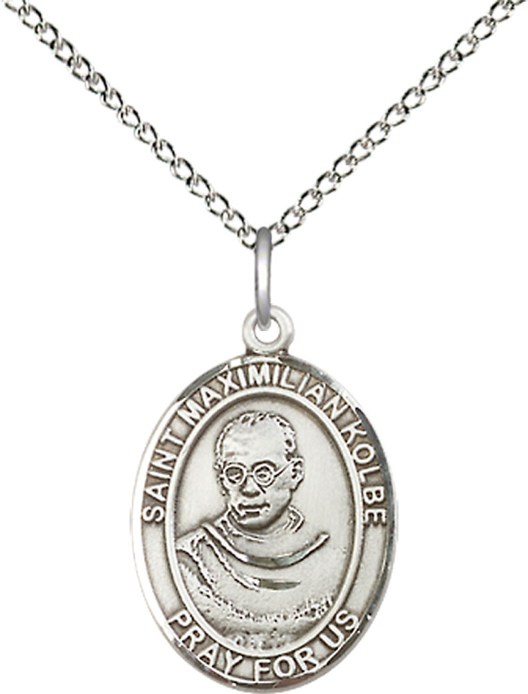 Sterling Silver Saint Maximilian Kolbe Pendant on a 18 inch Sterling Silver Light Curb chain