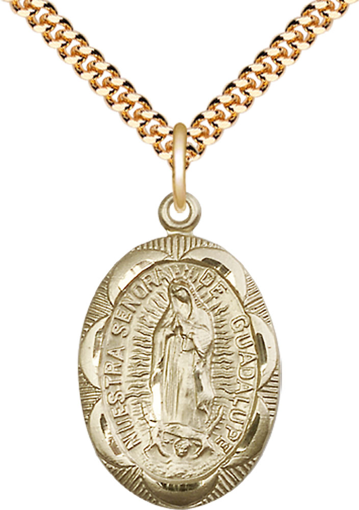 14kt Gold Filled Our Lady of Guadalupe Pendant on a 24 inch Gold Plate Heavy Curb chain