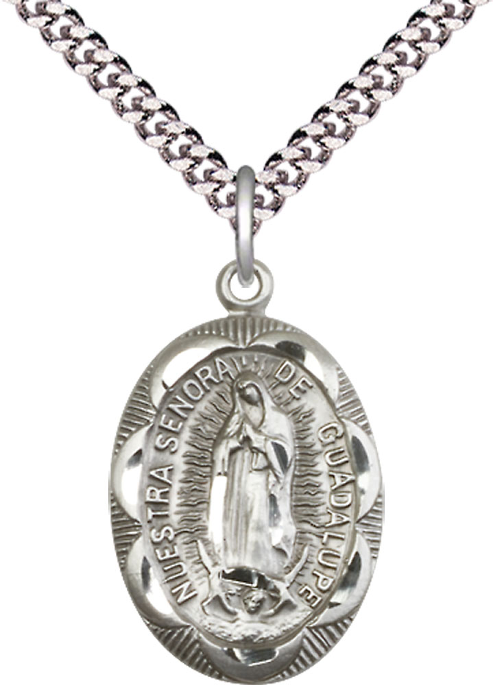 Sterling Silver Our Lady of Guadalupe Pendant on a 24 inch Light Rhodium Heavy Curb chain