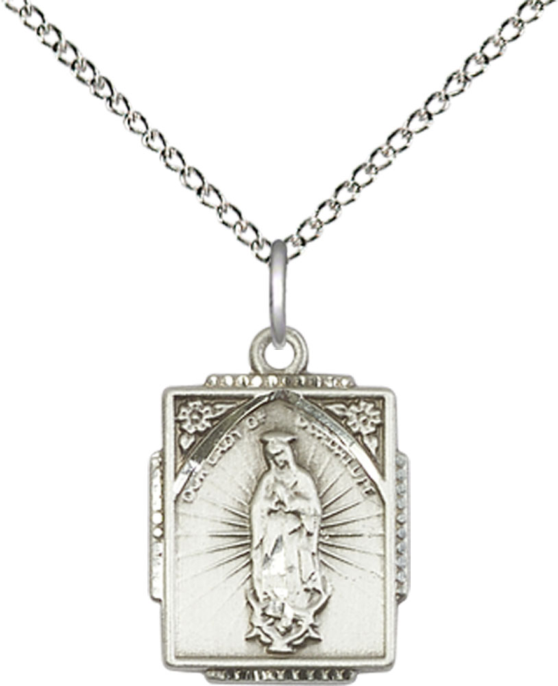 Sterling Silver Our Lady of Guadalupe Pendant on a 18 inch Sterling Silver Light Curb chain