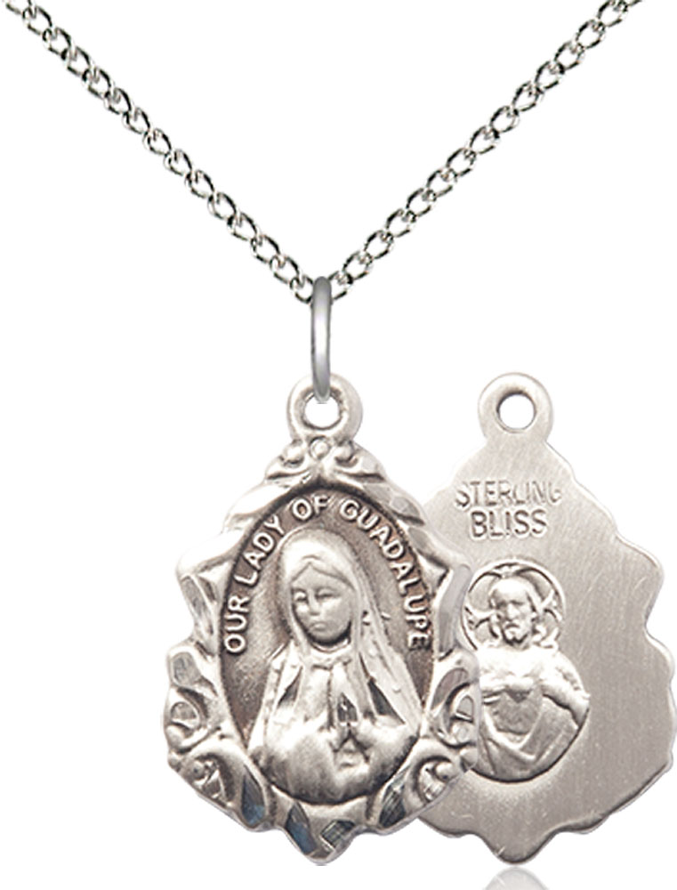Sterling Silver Our Lady of Guadalupe Pendant on a 18 inch Sterling Silver Light Curb chain