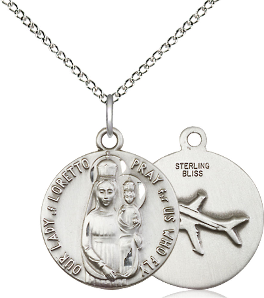 Sterling Silver Our Lady of Loretto Pendant on a 18 inch Sterling Silver Light Curb chain