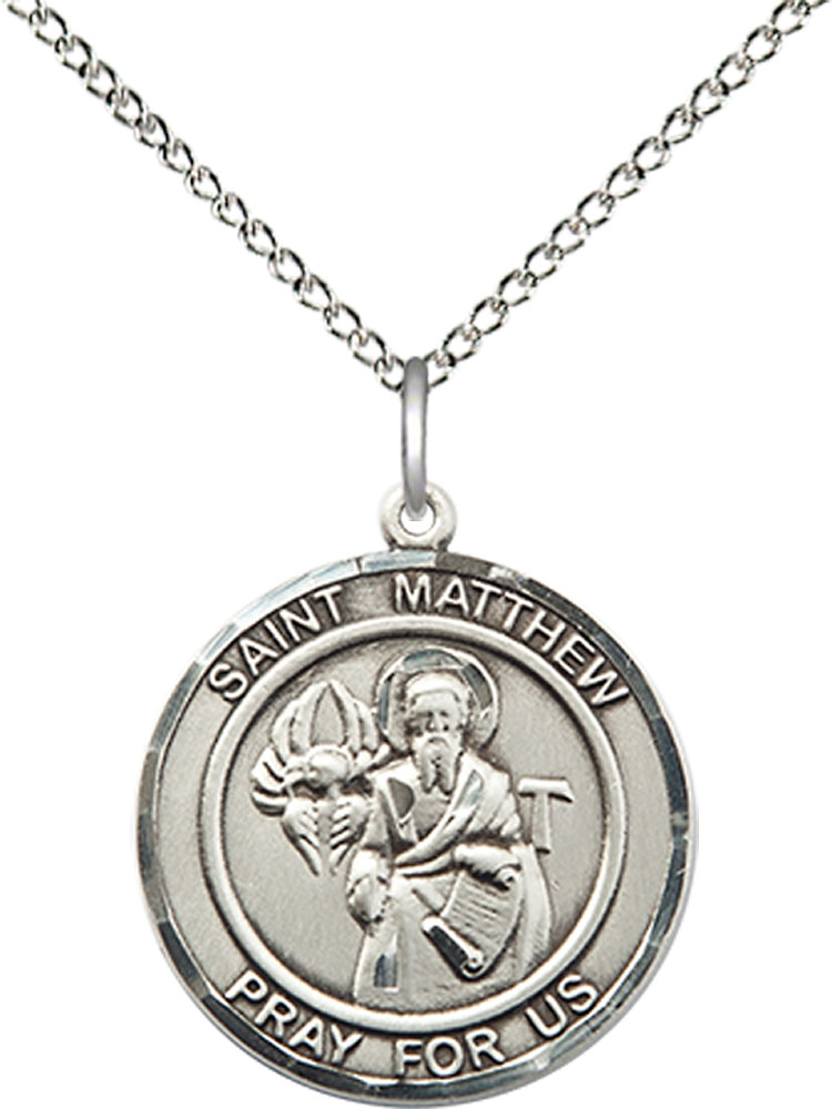 Sterling Silver Saint Matthew the Apostle Pendant on a 18 inch Sterling Silver Light Curb chain