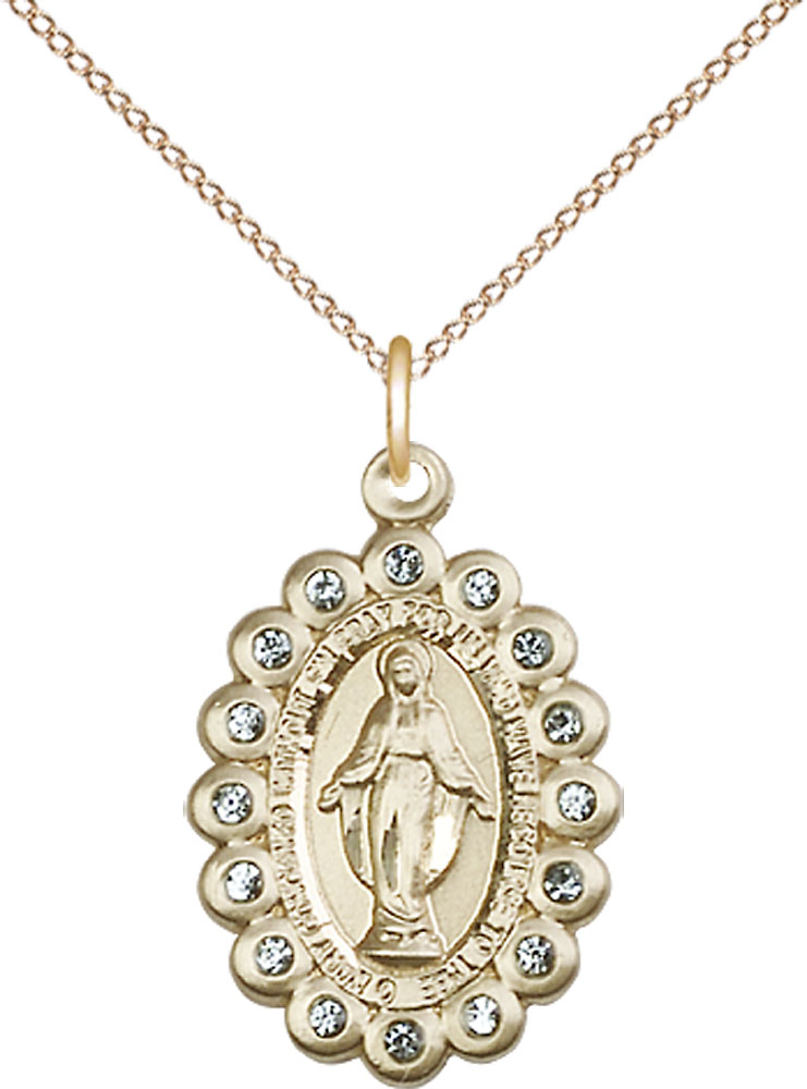 14kt Gold Filled Miraculous Pendant with Aqua Swarovski stones on a 18 inch Gold Filled Light Curb chain