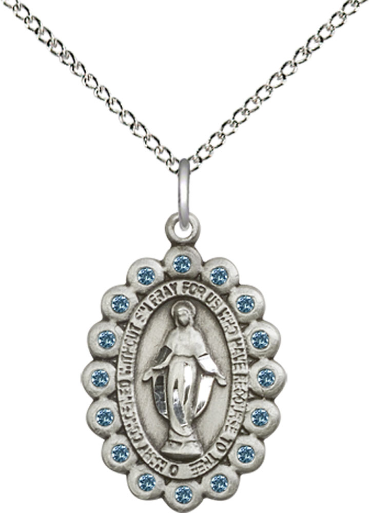 Sterling Silver Miraculous Pendant with Aqua Swarovski stones on a 18 inch Sterling Silver Light Curb chain