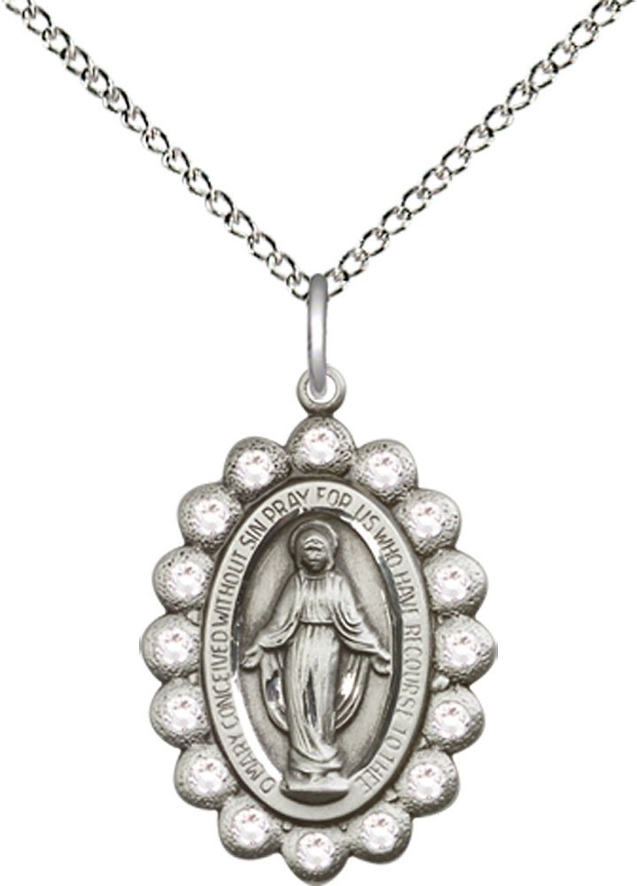 Sterling Silver Miraculous Pendant with Crystal Swarovski stones on a 18 inch Sterling Silver Light Curb chain
