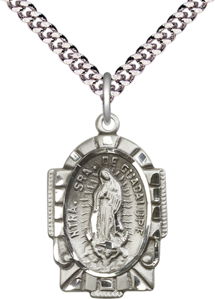 Sterling Silver Our Lady of Guadalupe Pendant on a 24 inch Light Rhodium Heavy Curb chain