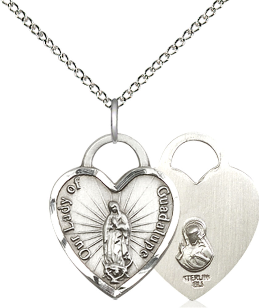 Sterling Silver Our Lady of Guadalupe Heart Pendant on a 18 inch Sterling Silver Light Curb chain