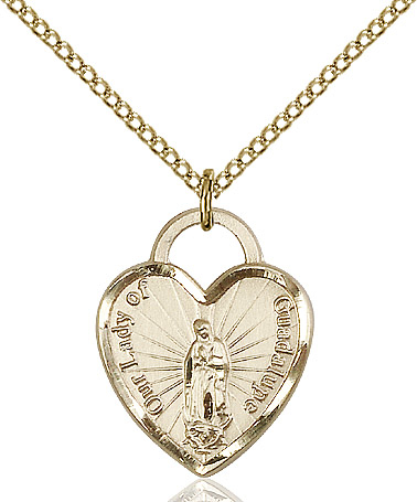 14kt Gold Filled Our Lady of Guadalupe Heart Recuerdo Pendant on a 18 inch Gold Filled Light Curb chain