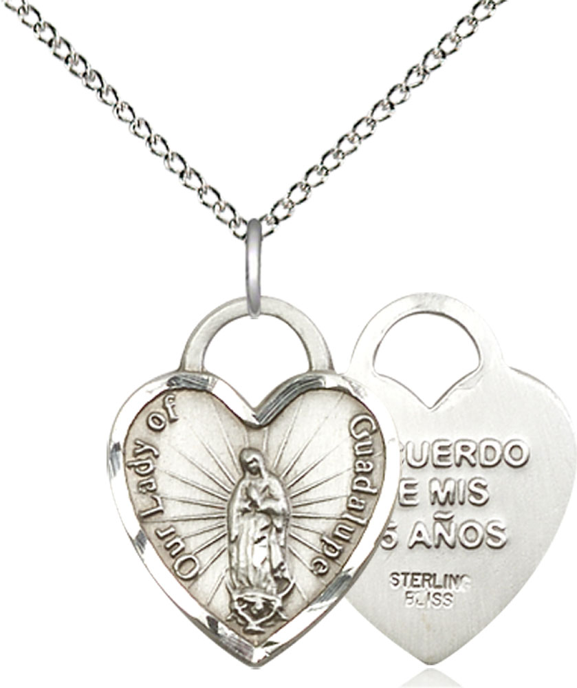 Sterling Silver Our Lady of Guadalupe Heart Recuerdo Pendant on a 18 inch Sterling Silver Light Curb chain