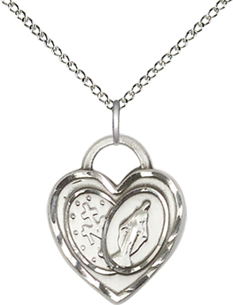 Sterling Silver Miraculous Heart Pendant on a 18 inch Sterling Silver Light Curb chain