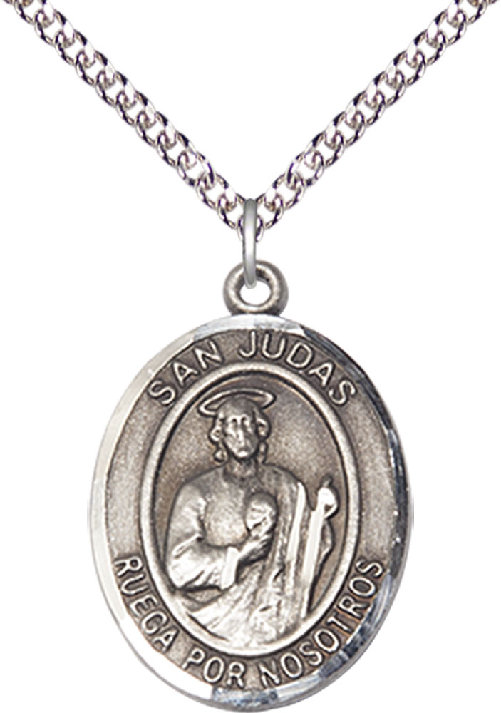 Sterling Silver San Judas Pendant on a 24 inch Sterling Silver Heavy Curb chain