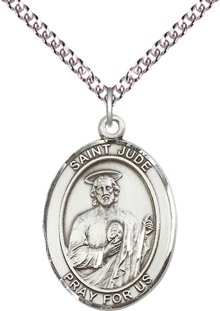Sterling Silver Saint Jude Pendant on a 24 inch Sterling Silver Heavy Curb chain