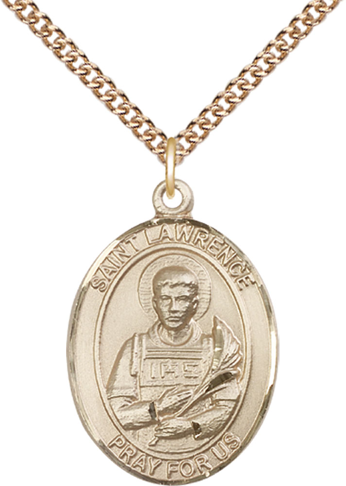 14kt Gold Filled Saint Lawrence Pendant on a 24 inch Gold Filled Heavy Curb chain