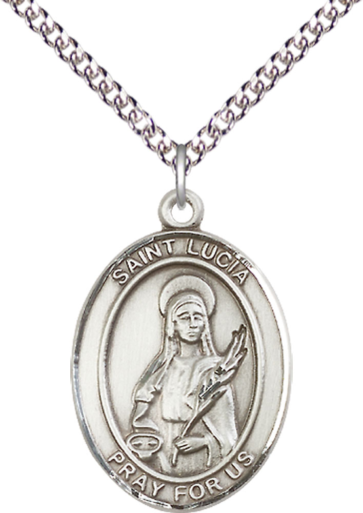 Sterling Silver Saint Lucia of Syracuse Pendant on a 24 inch Sterling Silver Heavy Curb chain