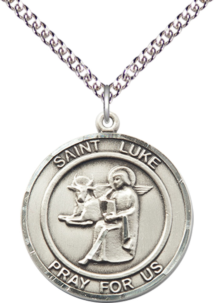 Sterling Silver Saint Luke the Apostle Pendant on a 24 inch Sterling Silver Heavy Curb chain