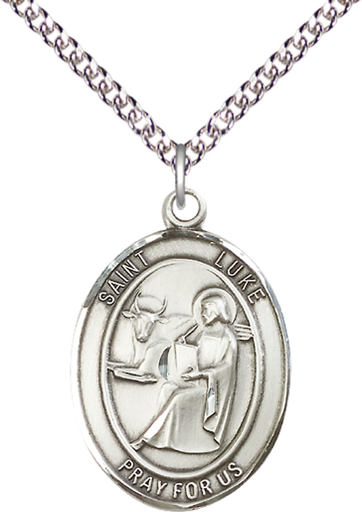 Sterling Silver Saint Luke the Apostle Pendant on a 24 inch Sterling Silver Heavy Curb chain