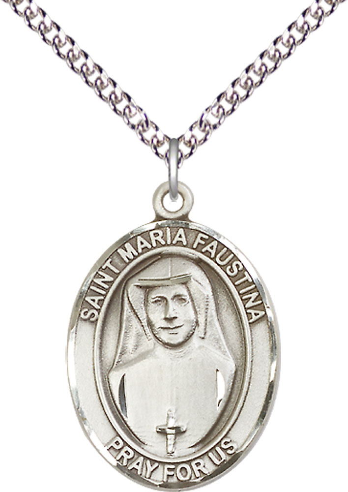 Sterling Silver Saint Maria Faustina Pendant on a 24 inch Sterling Silver Heavy Curb chain