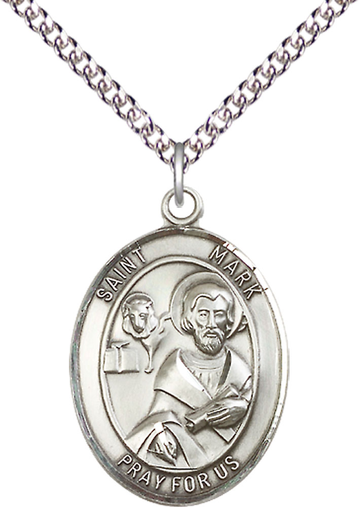 Sterling Silver Saint Mark the Evangelist Pendant on a 24 inch Sterling Silver Heavy Curb chain