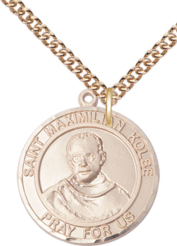 14kt Gold Filled Saint Maximilian Kolbe Pendant on a 24 inch Gold Filled Heavy Curb chain