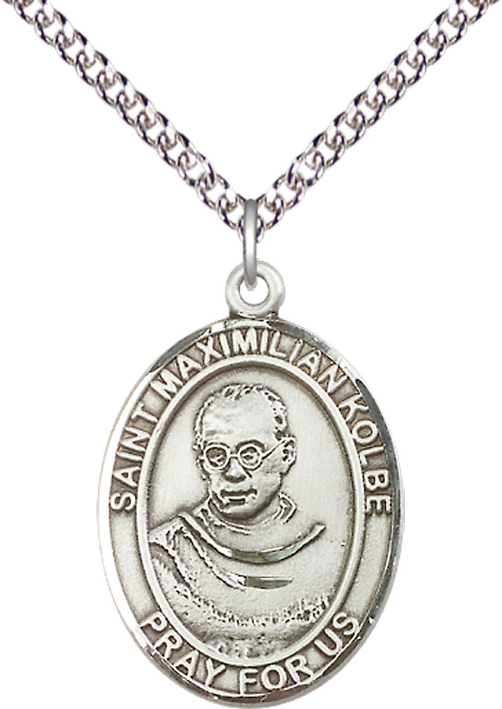 Sterling Silver Saint Maximilian Kolbe Pendant on a 24 inch Sterling Silver Heavy Curb chain