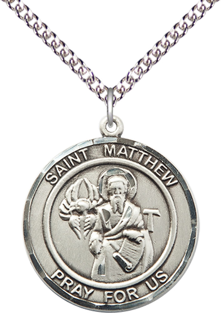 Sterling Silver Saint Matthew the Apostle Pendant on a 24 inch Sterling Silver Heavy Curb chain