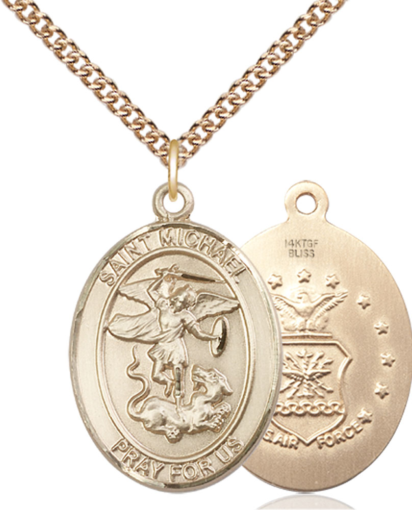 14kt Gold Filled Saint Michael Air Force Pendant on a 24 inch Gold Filled Heavy Curb chain